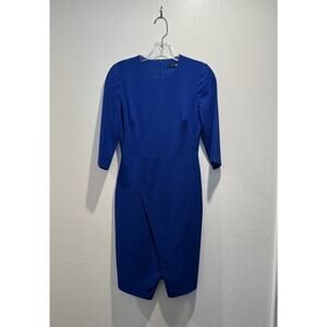 Black Halo Size 2 Kofi Blue Dress Split Hem 3/4 Sleeve Work Lined Sheath Classic